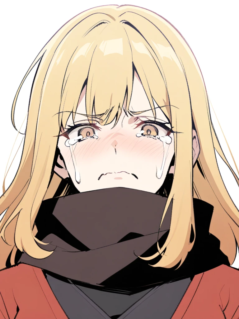 {{Upper part of the body}} {{Artist: sincos}} mature woman, Straight hair, wide, with blonde highlights, light brown eyes, black ninja scarf, Red jacket, tight black t-shirt, Gloves without fingers, with tears in the eyes, crying, serious expression, annoyed