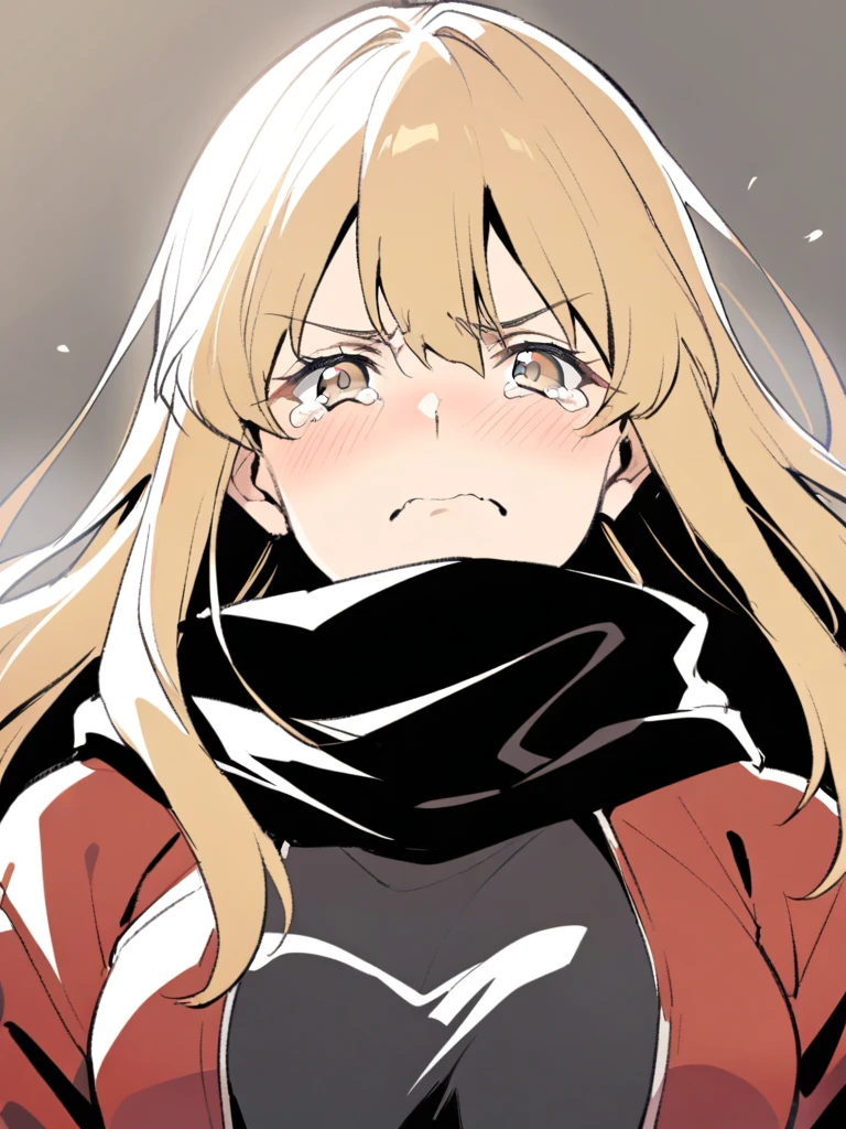 {{Upper part of the body}} {{Artist: sincos}} mature woman, Straight hair, wide, with black and blonde highlights, light brown eyes, black ninja scarf, Red jacket, tight black t-shirt, Gloves without fingers, with tears in the eyes, crying, serious expression