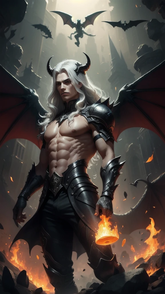 ((Men)) ((man)) devil, Fallen Angel, has six wings, is surrounded by flames or bright light, bat wings, winged figure, usually depicted with open wings and surrounded by light, be with multiple wings, has the appearance of human, long white hair,  alien gris y devil con alas y a menudo se representa con objetos simbólicos, devil, lucifer, satan, vassago, morning Star. 