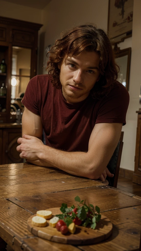 france man, red curly hair, sitting on the table, view in the table