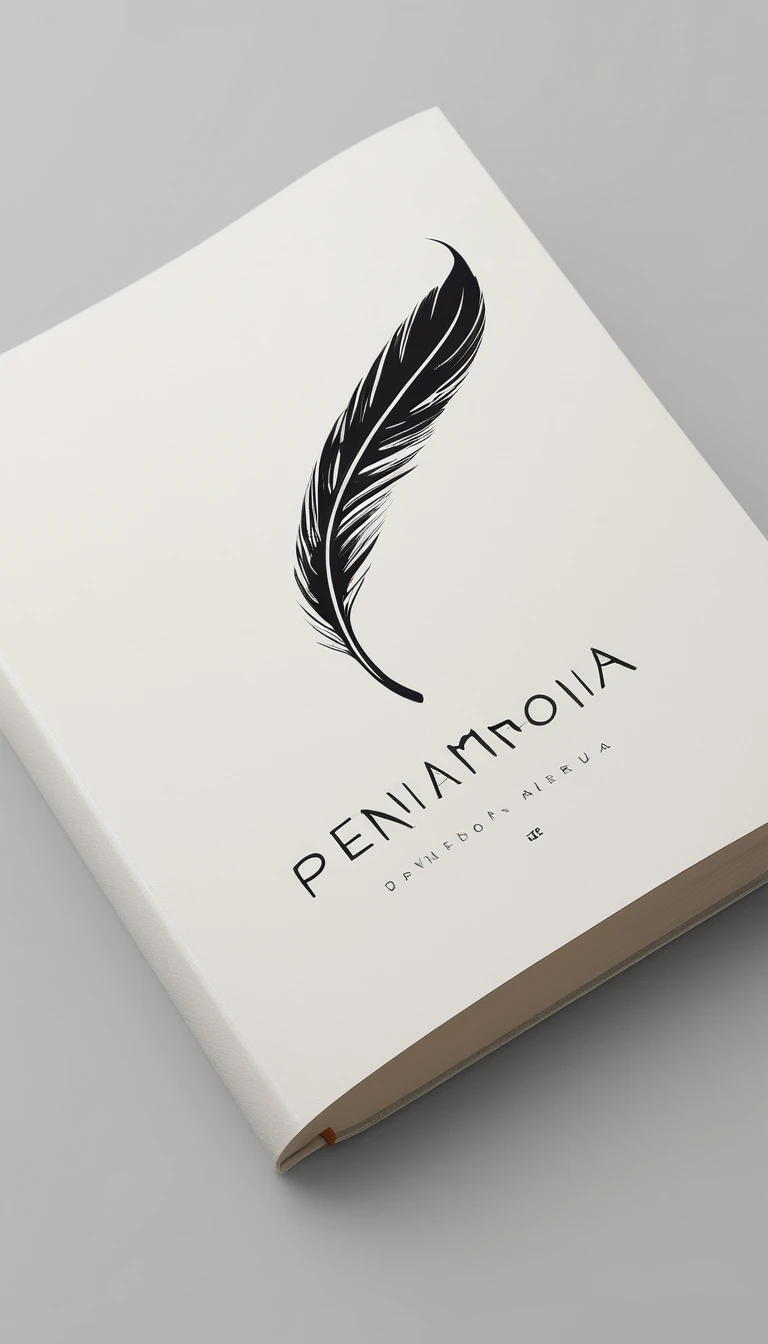 A minimal, modern, simple, cinematic logotype for the brand “Penamemoria". The logotype must be a simple, magical feather. The logo must convey a sense of music, stories and dreams. Logo design impressed on a book cover. Minimalistic logo