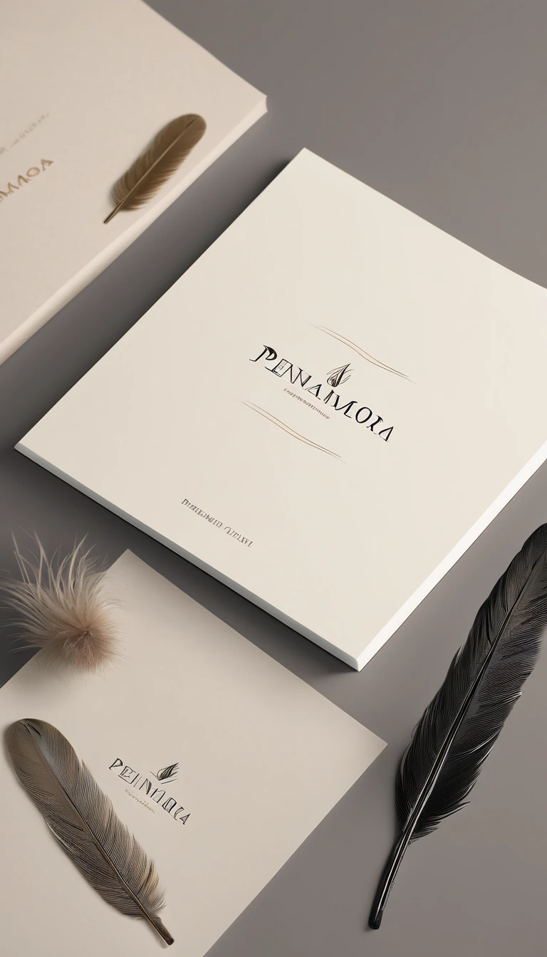 A minimal, modern, simple, cinematic logotype for the brand “Penamemoria". The logotype must be a simple, magical feather. The logo must convey a sense of music, stories and dreams. Logo design impressed on a book cover. Minimalistic logo