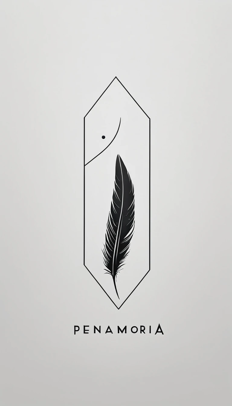 A minimal, modern, simple, cinematic logotype for the brand “Penamemoria". The logotype must be a simple, magical feather. The logo must convey a sense of music, stories and dreams. Logo design impressed on a book cover. Minimalistic logo