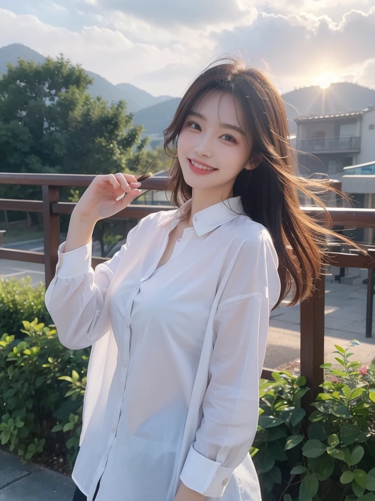 Realist、high resolution:1.3)、Beauty、中国Beauty，Atmospheric、Wearing a shirt（random color）.close up，Sense of atmosphere，Smile，Straight teeth，Network female head，outdoor，travel，happy，real，4K，Rich in details，Nature，