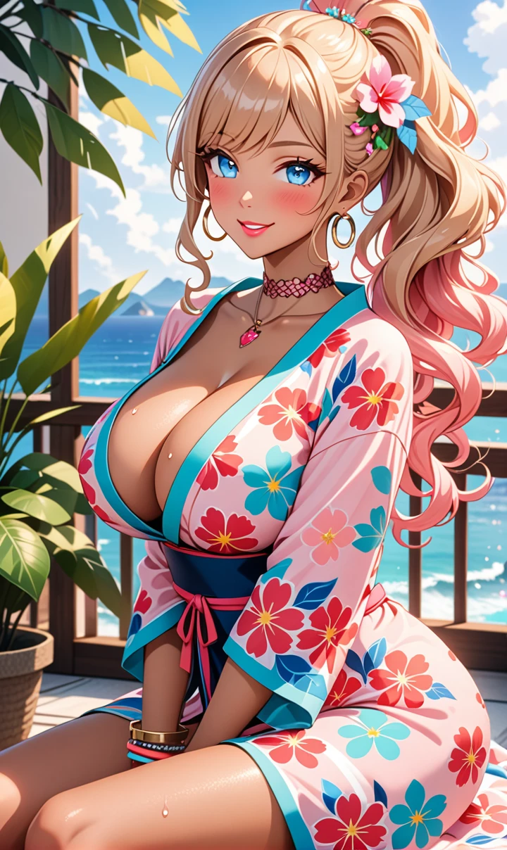 ultra-detailed, ((one girl)), (portrait), ((tan skin:1.3)), in pastel colors gyaru, (heavy makeup),  hyper detailed, absurdres, 8K, Beautiful Face, (Laugh shyly), ((teasing smile)), ((sweat)), ((Wink:1.5)), (Laugh with your mouth wide open),((Tilt your face:1.6)), View your viewers, ((Bright red cheeks:1.6)),Glossy Red Lips, ((huge breasts:1.4)), ((undressing:1.2)), nipple, (professional lighting), noon, summer, Terrace with sea view,Foliage plant, ((Anime style background)),masterpiece, Highest quality, so beautiful,Latest, Complex details, ((Long neon pink nails)), (nail art), (ring),(bracelet), (Floral Choker),AI-generated, Complex,High resolution, Highest quality, super high quality,3D Images、3D Images,One person,Blonde long hair,(High Ponytail), (wavy hair:1.3), Blonde anime woman posing for a photo, ((Fine grain、blue eyes、glowing eyes:1.3)), (Squint your eyes:1.1),a hyperRealistic , hyperRealistic , Realistic,Anime woman with long pastel yellow hair, Smooth anime CG art, A girl in a gorgeous pastel-colored kimono,  ((Pastel-colored furisode)),(Pink large floral pattern), (side boob), Long flower hair ornament,big hoop earrings, Mature Body, tall,Narrow waist,((looking forward:1.3)),  ((hand between legs:1.3)), from side, ((upper body)),