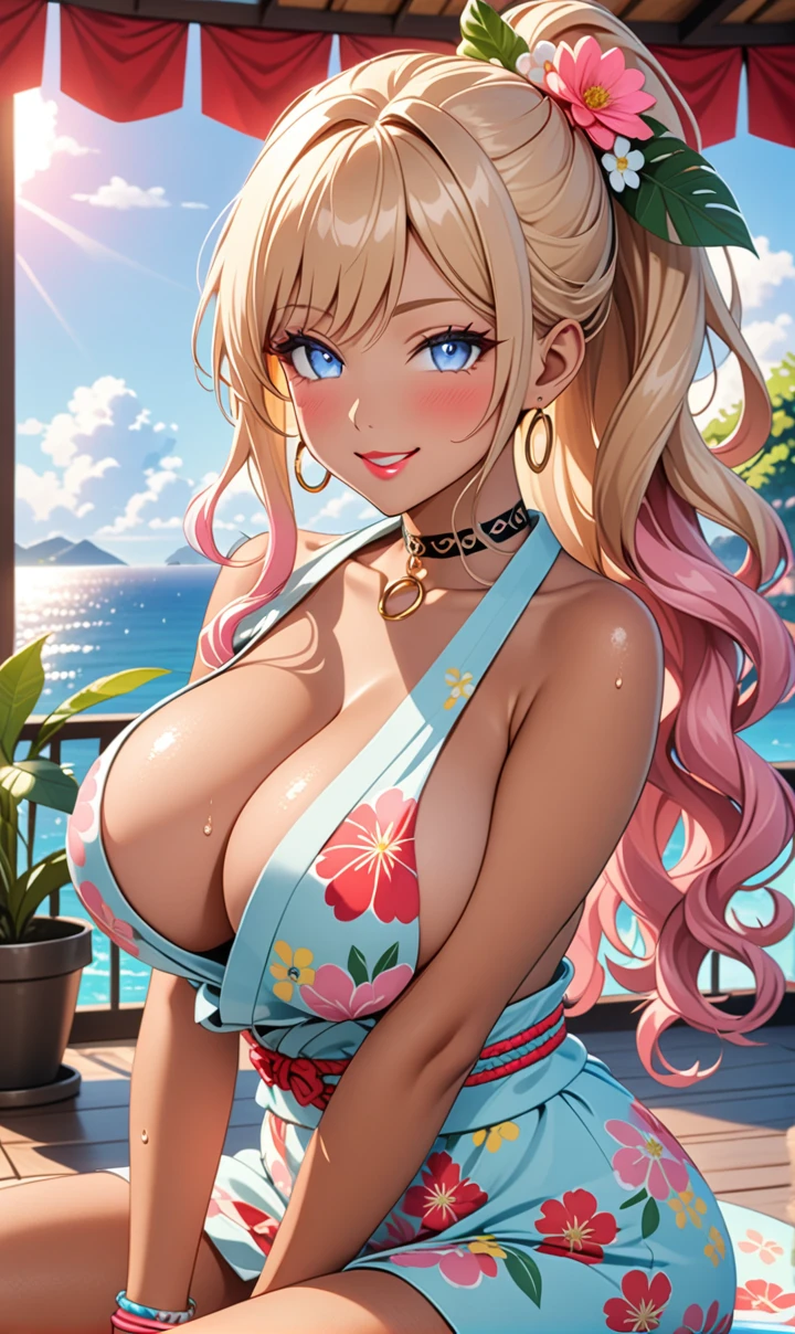 ultra-detailed, ((one girl)), (portrait), ((tan skin:1.3)), in pastel colors gyaru, (heavy makeup), hyper detailed, absurdres, 8K, Beautiful Face, (Laugh shyly), ((teasing smile)), ((sweat)), ((Wink:1.5)), (Laugh with your mouth wide open),((Tilt your face:1.6)), View your viewers, ((Bright red cheeks:1.6)),Glossy Red Lips, ((huge breasts:1.4)), ((undressing:1.2)), nipple, (professional lighting), noon, summer, Terrace with sea view,Foliage plant, ((Anime style background)),masterpiece, Highest quality, so beautiful,Latest, Complex details, ((Long neon pink nails)), (nail art), (ring),(bracelet), (Floral Choker),AI-generated, Complex,High resolution, Highest quality, super high quality,3D Images、3D Images,One person,Blonde long hair,(High Ponytail), (wavy hair:1.3), Blonde anime woman posing for a photo, ((Fine grain、blue eyes、glowing eyes:1.3)), (Squint your eyes:1.1),a hyperRealistic , hyperRealistic , Realistic,Anime woman with long pastel yellow hair, Smooth anime CG art, A girl in a gorgeous pastel-colored kimono, ((Pastel-colored furisode)),(Pink large floral pattern), (side boob), Long flower hair ornament,big hoop earrings, Mature Body, tall,Narrow waist,((looking forward:1.3)), ((hand between legs:1.3)), from side, ((upper body)),