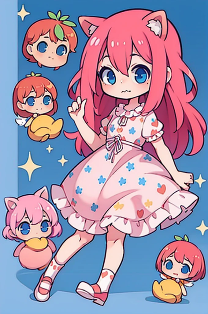 1 girl, tiny, toddler, pink hair, orange fox ears, light skin, blue eyes, sparkle in eyes, purple pacifier, wearing strawberry pattern dress, blue marry jane shoes