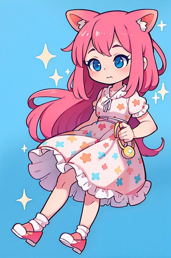 1 girl, tiny, toddler, pink hair, orange fox ears, light skin, blue eyes, sparkle in eyes, purple pacifier, wearing strawberry pattern dress, blue marry jane shoes