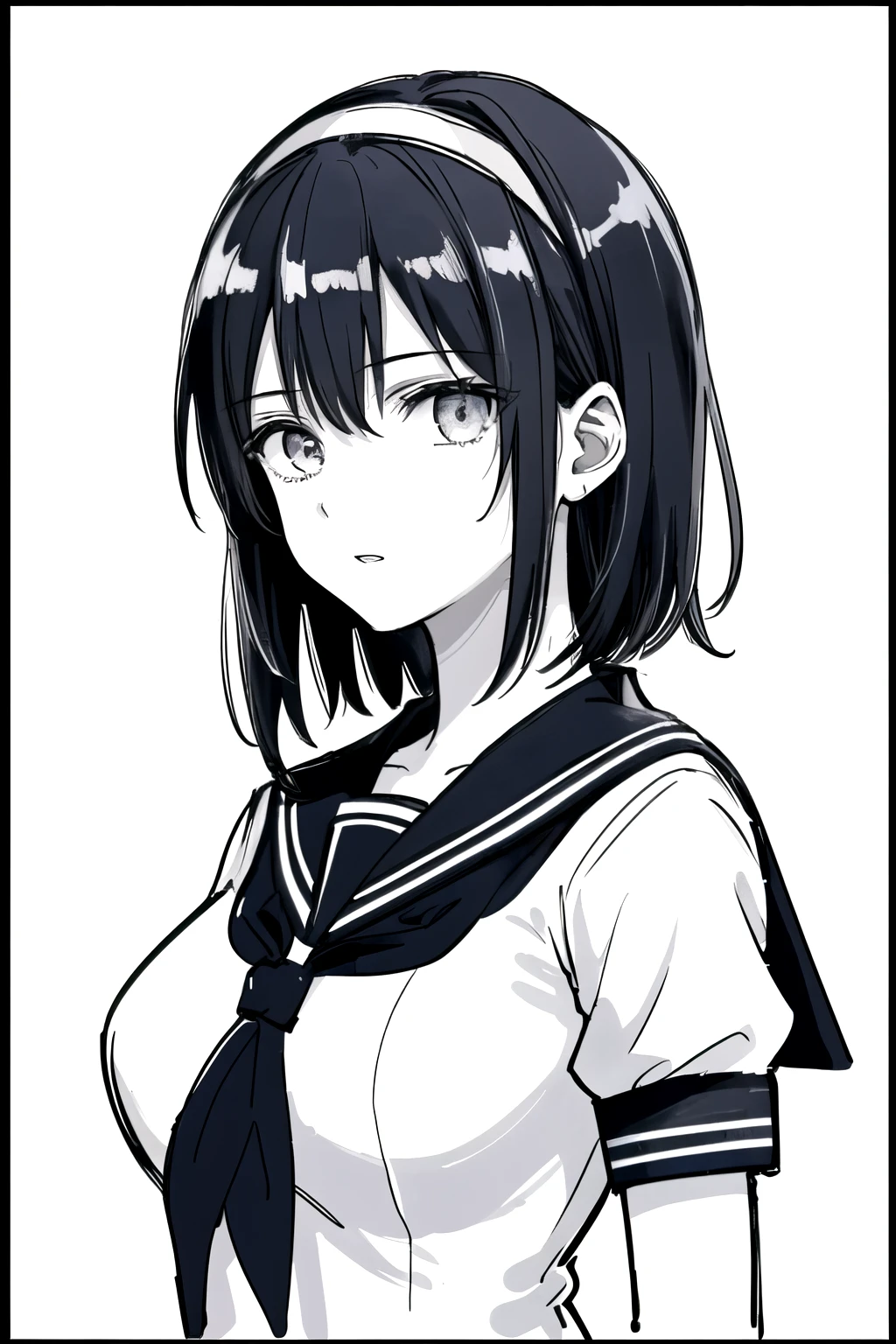 ((Masterpiece)),((High quality)),((High resolution)),((Extremely accurate and detailed representation of the human body)), An 18-year-old girl. Japanese. Wears a short-sleeved sailor uniform. Short hair. Hairband. Has a mysterious and enigmatic aura with elements of horror.