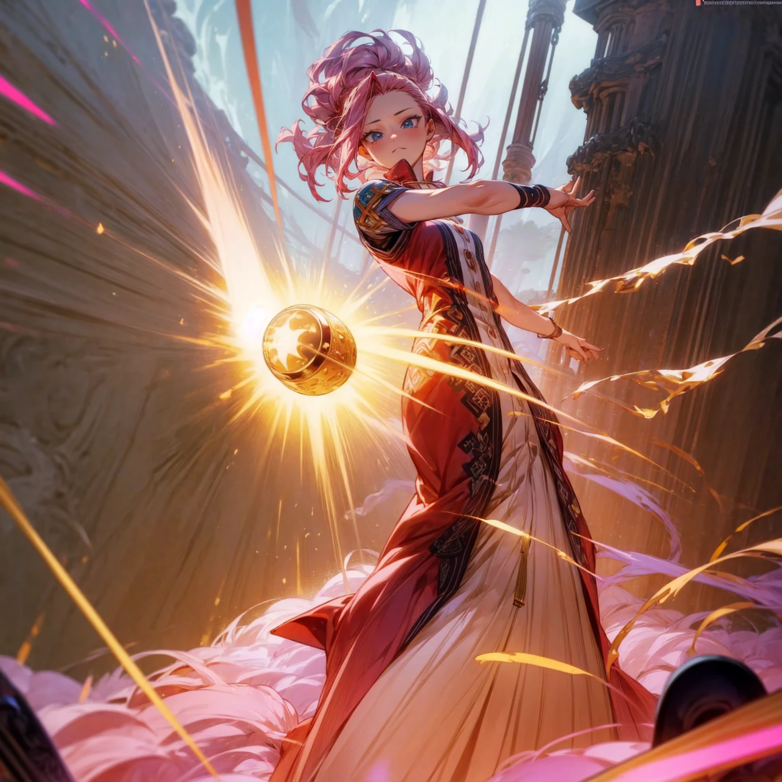 1girl, Full body version, 1character, blue eyes, long Curly haircut, pink colour hair, ancient roman style clothing, red colour clothing, Grassroots, background in field Castle, motion blur, (Hunter x Hunter style), aura effect, lighting aura, smoke effect, lighting sun, sun, plasma effect, smoke effect, fire, golden fireball, 