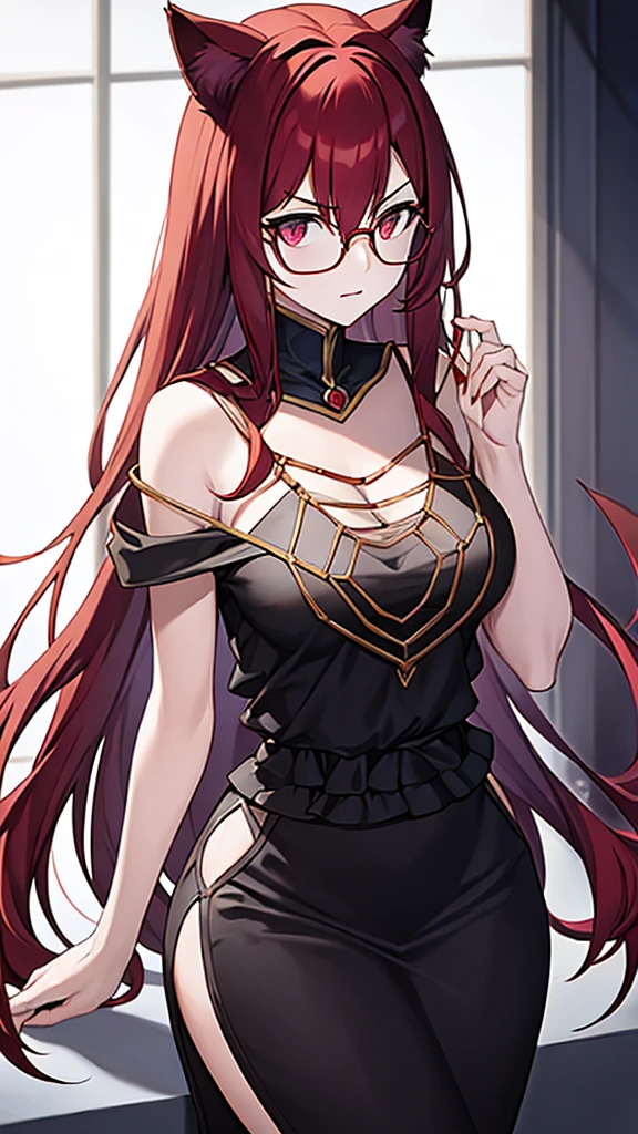 A 20 year old female villain with long dark red hair, red cat eyes, chest with red cat ears, round glasses, black dress, Black fur