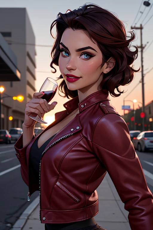 best quality, realistic, front pov, KristannaTX in a los angeles city street, (a female Indonesian supermodel), (wine red leather jacket:1.1), seductive smile, (dark hair), (updo hair:1.0), perfect eyes, sharp details, detailed face, face makeup, cheeks blush, eyeliner, eyeshadows, lip gloss, supermodel, (deep focus), (hard lighting), (night time), (realistic lighting:1.0), liquid metal hand