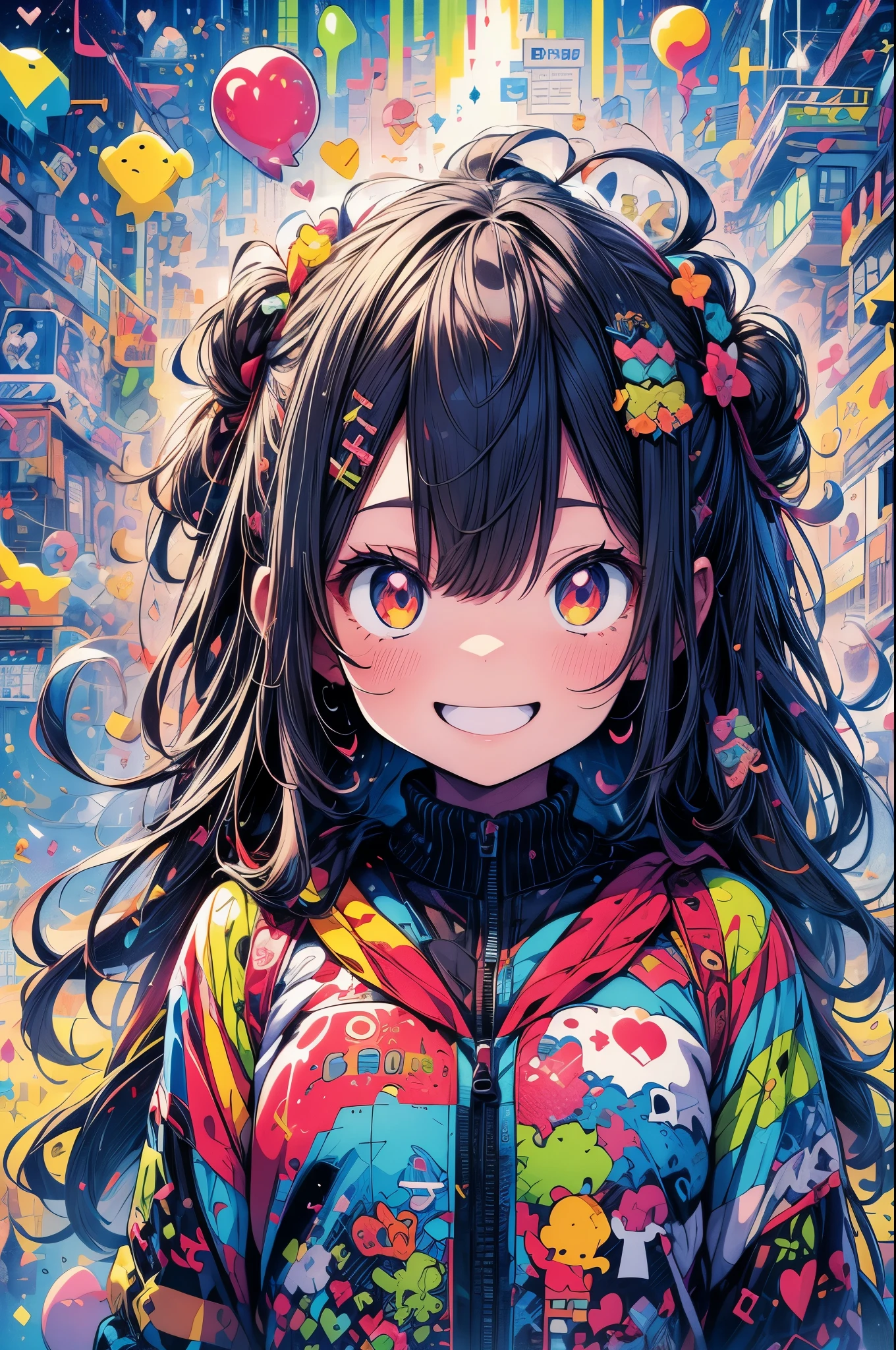 masterpiece, Highest quality, Highly detailed CG Unity 8k wallpaper, The red worldview, Cute anime illustrations, One girl, Big smile, Digital Art, Fantasy art, Dreamland, The background is a geometric pattern of colorful bubbles. Funny, pastel colour, light blue, Octane Rendering Style, Bokeh
