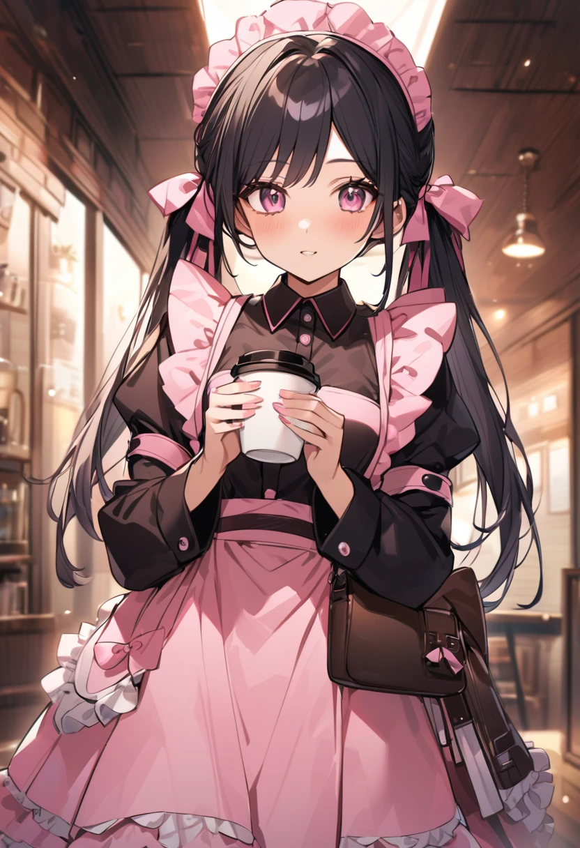 Aromatic coffee、Maid in pink clothes、Chest open、Black hair twin tails、holding a coffee cup