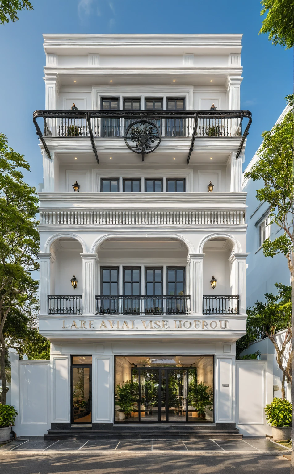 neo classical villa on street, (daylight), tropical tree, vivid colour, streetcapes, white tone, white wall, large glass door, warm interior lighting, wood and marble, best quality, 20ArchiAI_XL_NeoTH-v2