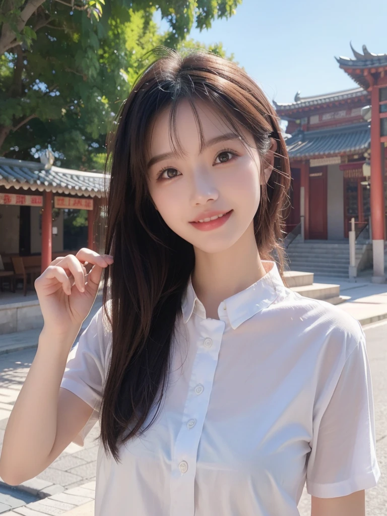 Realist、high resolution:1.3)、Beauty、中国Beauty,Atmospheric、Wearing a shirt(random color).close up,Sense of atmosphere,Smile,Straight teeth,Network female head,outdoor,travel,happy,real,4K,Rich in details,Nature,