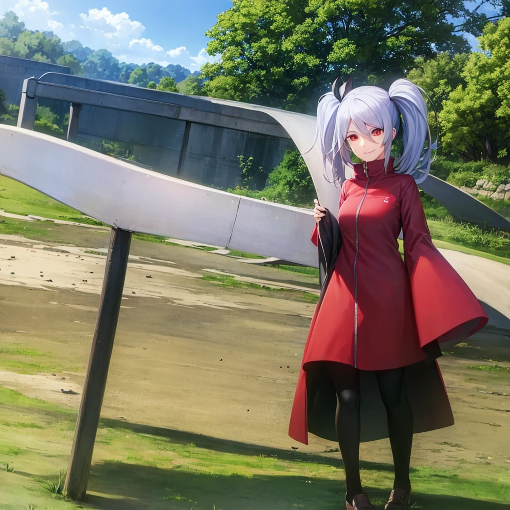 1girl, hair over one eye, hair ribbon, long hair, looking at viewer, red eyes, solo, twintails, smile, casual dress, casual clothes, pants, park background, nature, sky, day, summer outdoor,