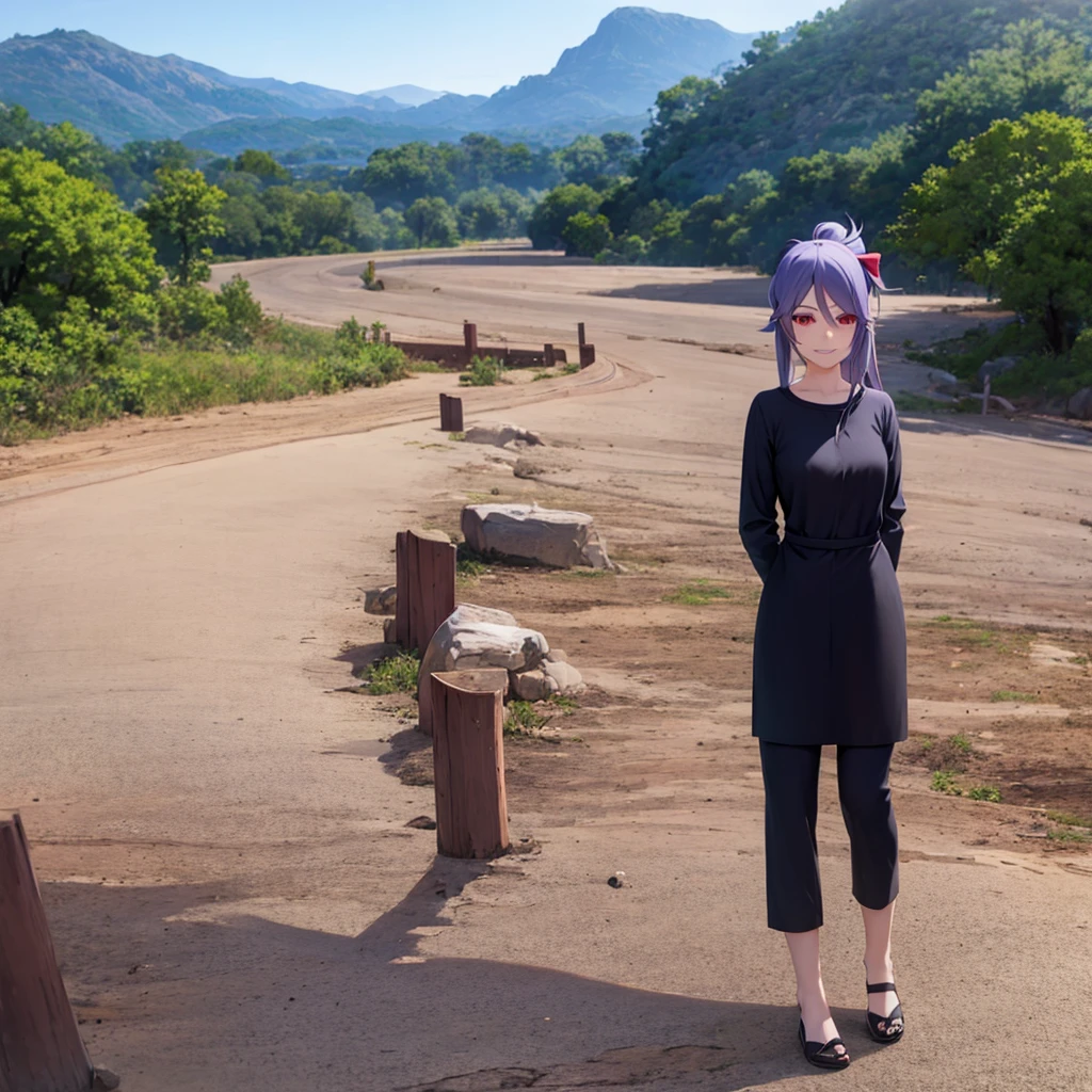 1girl, hair over one eye, hair ribbon, long hair, looking at viewer, red eyes, solo, twintails, smile, casual dress, casual clothes, pants, park background, nature, sky, day, summer outdoor,