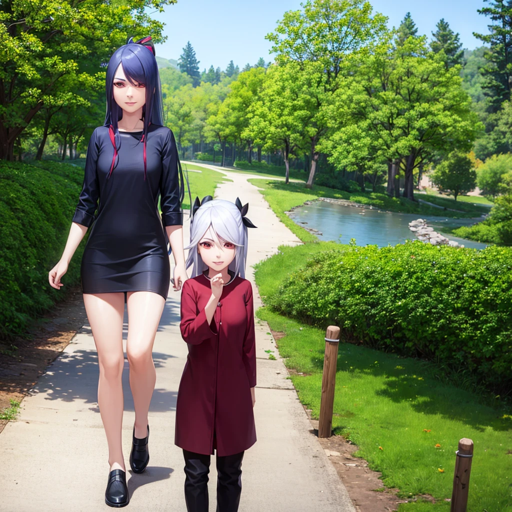 1girl, hair over one eye, hair ribbon, long hair, looking at viewer, red eyes, solo, twintails, smile, casual dress, casual clothes, pants, park background, nature, sky, day, summer outdoor,