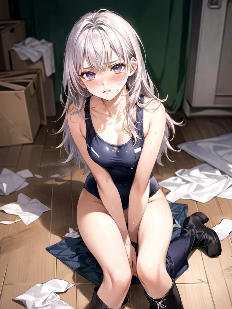 (masterpiece:1.3, Highest quality, Ultra-high resolution, Very detailed), (Realistic, photoRealistic:1.4), Beautiful illustrations, Perfect lighting, Natural light, Written boundary depth, , Beautiful detailed hair, Beautifully detailed face, Beautiful attention to detail, Beautiful clavicle, Beautiful body, Beautiful breasts, Beautiful thighs, Beautiful legs, Beautiful Hands, View your audience, (Face Focus), 1 girl, high school girl, The whole body is covered in oilで光沢感がある　Tissue paper cut into small pieces,　 A small crumpled roll of tissue paper, A small piece of tissue paper that had fallen to the ground, torn apart and crumpled,　Excessive sweating on the face,Sweat dripping down,Sitting on an old bed,　Duvet with a light yellow stain　Old gym mat ,Gymnasium Warehouse,　There are lots of small rolled up tissue papers on the floor. ,　Crumpled garbage is scattered everywhere.,　Very old gym mat, 　 Messy room,　　Dimly lit room　Hardwood Floors　Scattered small rolled tissue papers　Upper body sailor suit, Lower body swimsuit　Inner swimwear　Illustration Style　Anime Style　Small lips　Face of Shame　Embarrassing　beautiful girl　Very cute clothes　Cheeks pink　Light purple hair　Blonde long hair　super curly hair　Super long sideburns　Rubber clothing　hair band　Pearl white silk tights that become transparent when wet　White super long boots　Big eyes　Hanging eyes　Angry　Blushing　Shocking Pink Rouge　Sweating profusely　　A small roll of tissue paper　The whole body is wet from rain　Mucus clings to the whole body　Steam coming out of the whole body　Steam rises across the screen.　White Breath　Haa　The whole body is covered in oil　evening　Overall orange background　Sunset sunshine