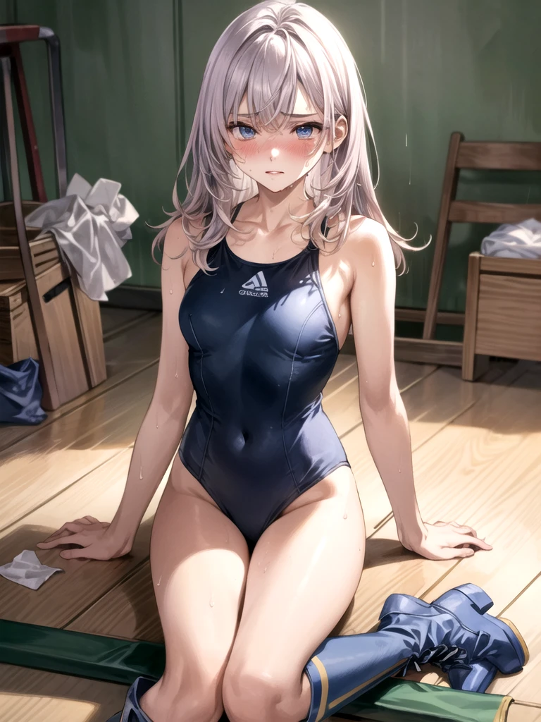 masterpiece, best quality, highres, ny1,,looking viewer,,expressionless,6yo,(petite), ,swimsuits,leotard,socks,expressionless,indoor,standing,nsfw,,arms behind back,(deep breath,sweating,blush)