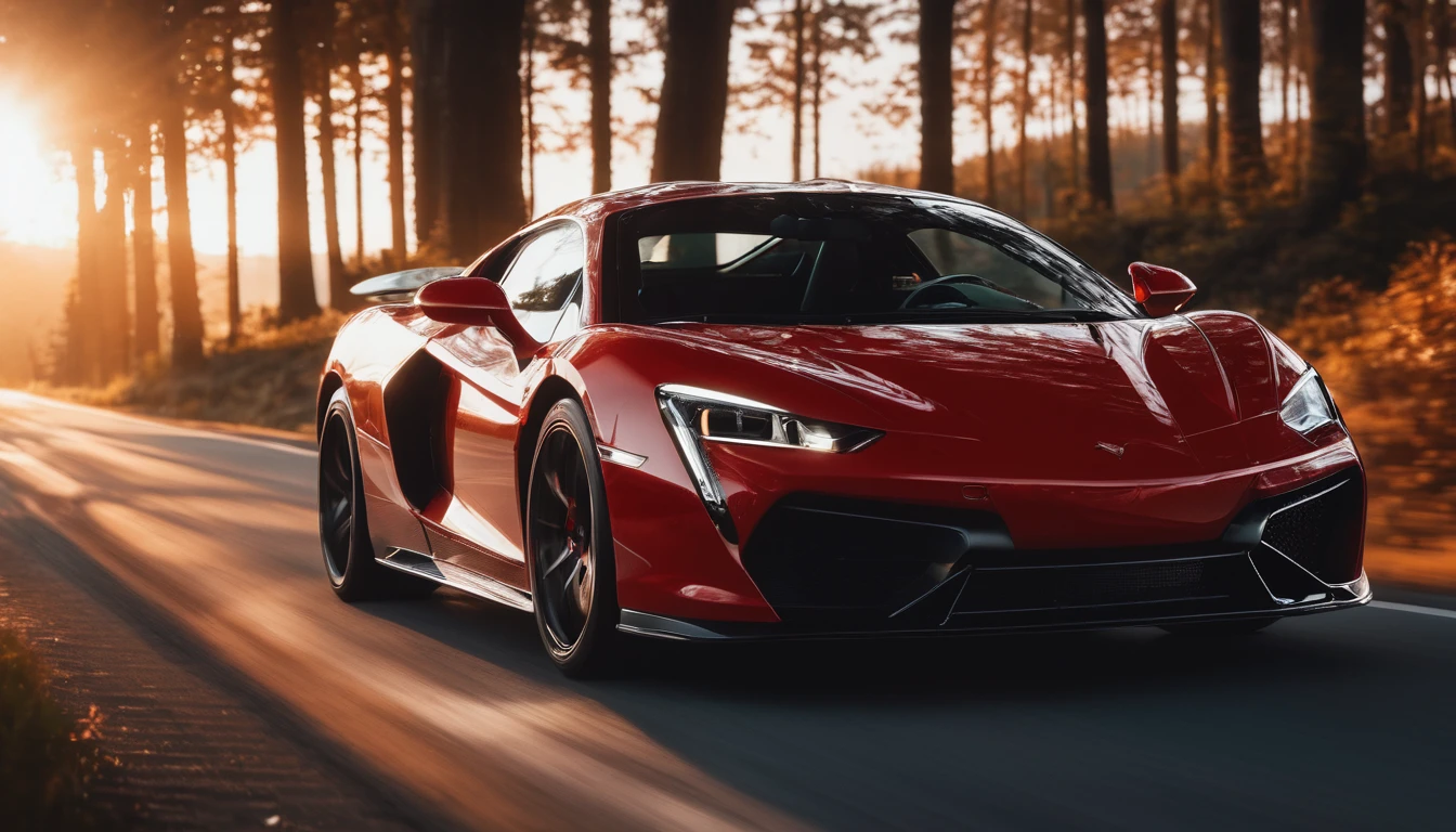 Sports car photos,A red sports car,amazing,Drive on the highway,Car side,Showing speed and passion,Red photos,detail强化,blur background/Bokeh,Bright with natural light,Ray Tracing,Sunset sky,forest,Hill in the distance,Highly detailed environments,Low depth of field,HD,detail,8K,lens flare,Sunlight,