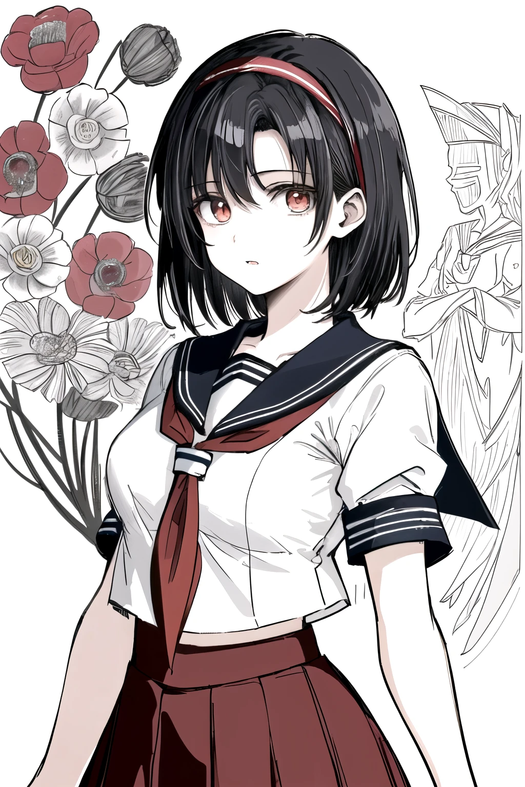 ((Masterpiece)),((High quality)),((High resolution)),((Extremely accurate and detailed representation of the human body)), An 18-year-old girl. Japanese. Wears a short-sleeved sailor uniform. Short hair. Hairband. Has a mysterious and enigmatic aura with elements of horror.