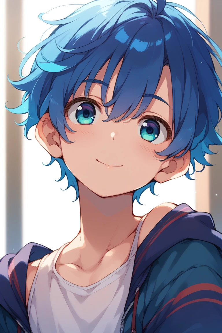 (score_9,score_8_up,score_7_up,score_6_up,score_5_up,score_4_up, source_anime), 8k, best quality, best lighting, BREAK, 1boy, 18 yo, thin eyebrows, (tareme: 1.5), droppy eyes, toned, portrait, (forehead: 0.5), blue hair, blue eyes
