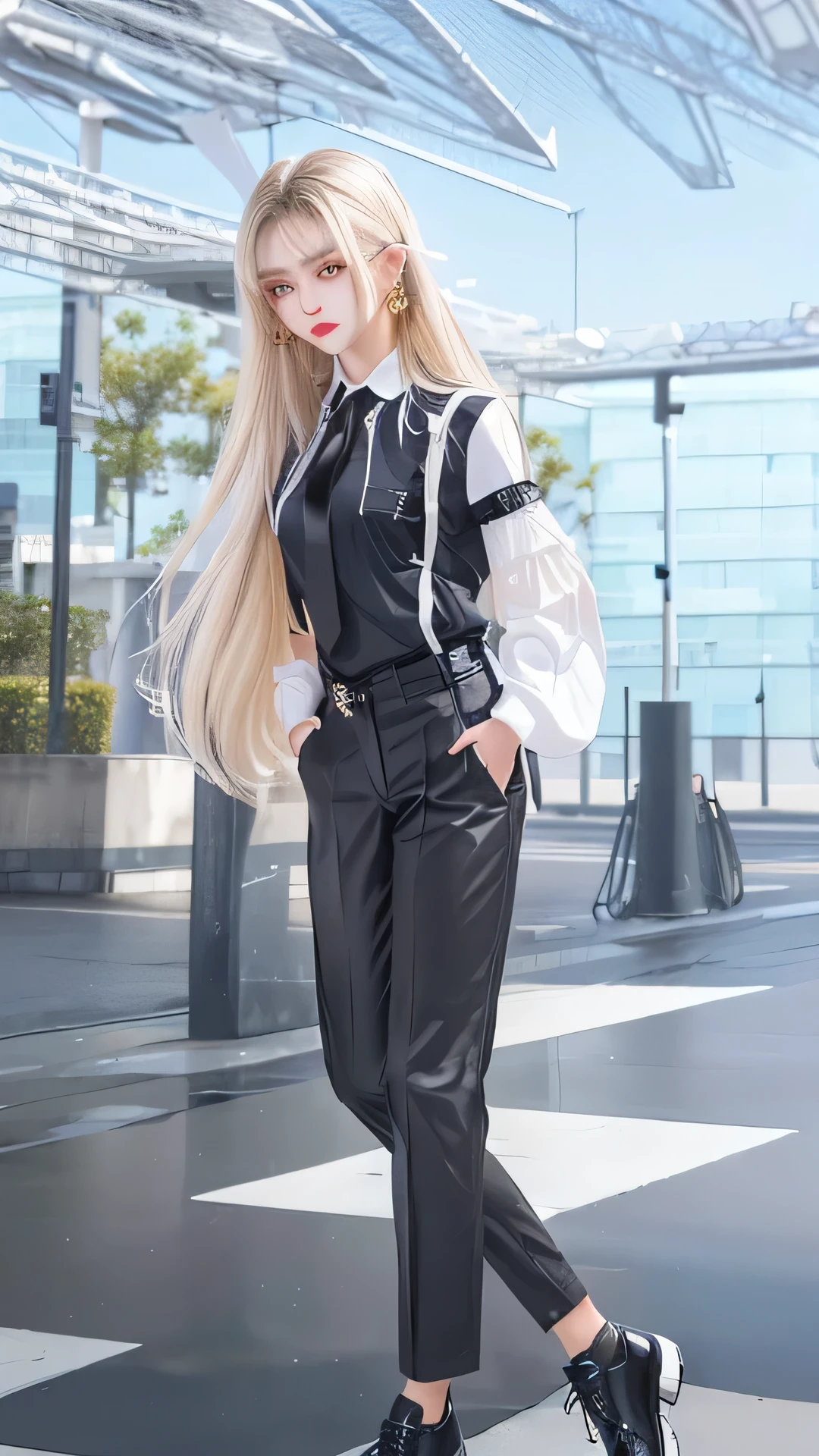 A beautiful 16 year old girl, standing in cyber city, with long cream colored hair, golden eyes, wearing black shoes, Black trousers, black shirt with white sleeves, Black heart shaped earrings, Long gray tie, with both hands in his trouser pockets,