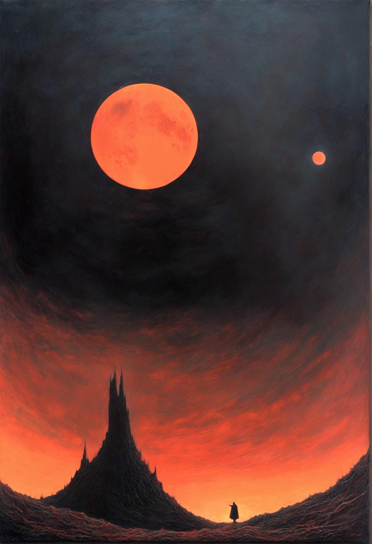 Saturn Raven, Observatory background,author:Zsław Beksinski,Red Moon