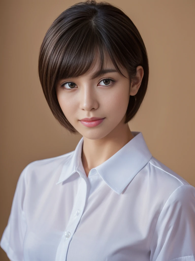 ((Highest quality、In 8K、masterpiece:1.3))、Sharp focus:1.2、Beautiful woman perfect body:1.4、Slim Abs:1.2、((Short Hair:1.2))、(trendy fashion in tokyo、shirt:1.1)、Background white、Wet body:1.5、Three-dimensional texture、Detailed eyes、（Brown Hair、Black Hair:1.2)、Very shiny hair、Backward view、Hair quality improvement、Handsome short、Short-haired blonde、No text、Lower text eraser
