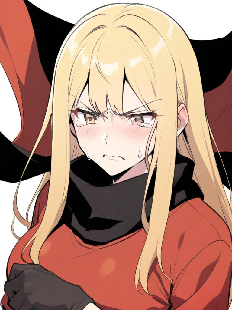 {{Upper part of the body}} {{Artist: sincos}} mature woman, Straight hair, wide, with black and blonde highlights, light brown eyes, black ninja scarf, Red jacket, tight black t-shirt, Gloves without fingers, with tears in the eyes, crying, serious expression, annoyed