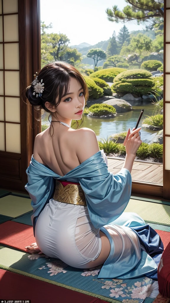 (table top:1.photoreal stick:1.4, 8K), top quality, masterpiece, Super high resolution, professional camera work, grow light effect, realistic portrait, Cinematic Light, very detailed 피부와 얼굴 질감:1.3, very detailed, eye for detail, detailed limbs, Complete dynamic configuration, (Japanese-style room overlooking a Japanese garden:1.2, formal scroll, light of the rising sun), 1 girl, 25 years old, cute sexy japanese slim girl, fair skin, (an ecstatic look:0.9, completely captivates you:1.0), (silver kimono:1.32 off shoulder), (voluptuous breasts:0.9), (back shot, calm posture), (beautiful blue eyes, Eyes that feel beautiful Eros:0.85), sexy face:0.4, (A texture that feels beautiful Eros:0.85), ((So cute beauty:0.9))