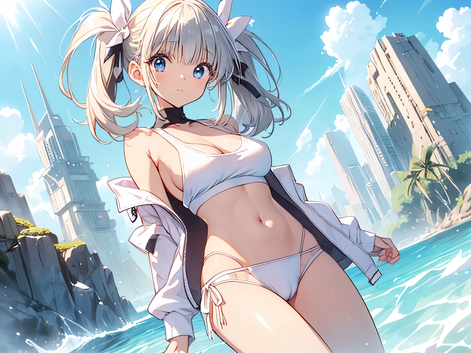 (busty girl), (white jacket), (light pink)tanktop, (white thong)(high-leg)(high-cut), erect nipples, Narrow constricted waist, belly button, Small hips, bare hips, (partially exposed)vulva(labia), (blond hair)buns(twintails), White ribbon, Dark Eyes, blue eyes, sunny metropolis, clitoris(crotch wedge)cameltoe