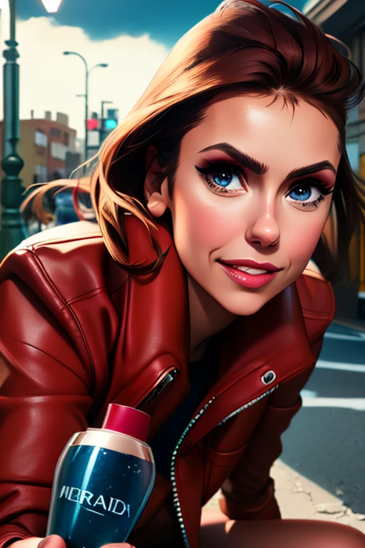 Best quality, realistic, from the front in first person, Nina Dobrev on the street of Los Angeles, (a female mexican supermodel), (sexy wine red leather jacket:1.1), split, Seductive smile, (dark hair), (hairstyle:1.0), Perfect eyes, sharp parts, Detailed face, face-makeup, cheeks turn red, Eyeliner, eyeshadow, Lip gloss, supermodel, (deep focus), (hard lighting), (night time), (realistic lighting:1.0)