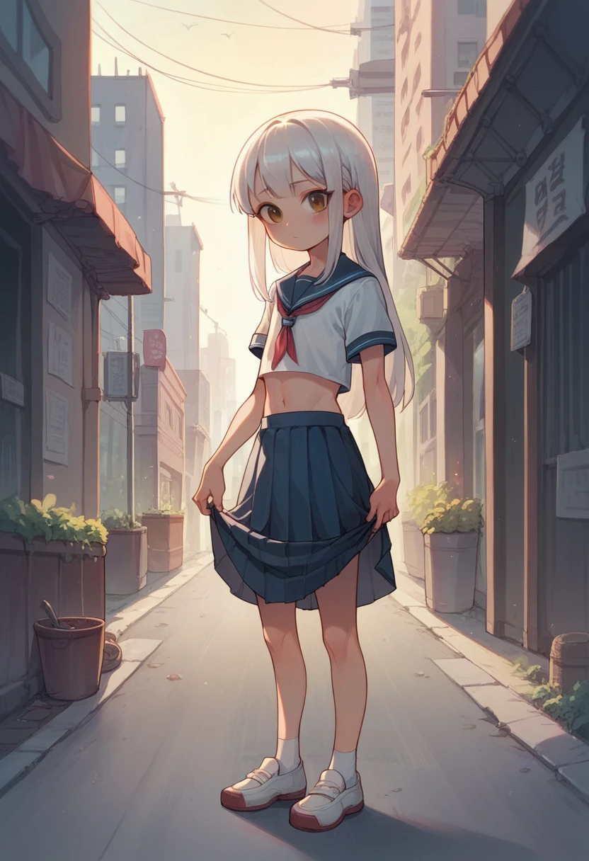   girl,serafuku,skirt lift,rope pants,((flat chest)),slender,long hair,(loli),white hair, city street 
