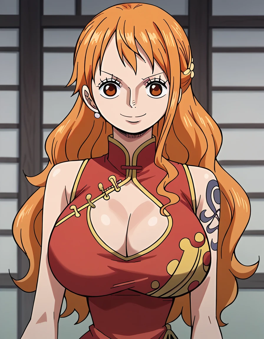 score_9, score_8_up, source_anime, best quality, nami, NAAmi, orange hair, orange eyes, long hair, large breasts, standing, looking at viewer, black china dress, dynamic angle, smile, indoor, cowboy shot