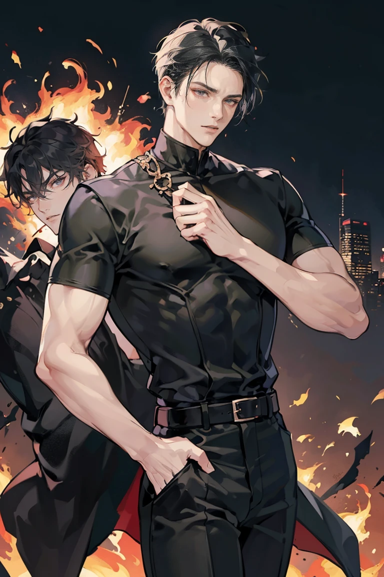 anime - (masterpiece), best quality, seductive eyes, mature face, black eyes, mid length slicked back black haircut, plain black t shirt, black pants, tall man, long legs, masculine, massive body, adult-like, full body, bad boy, the background is a burning and exploding city