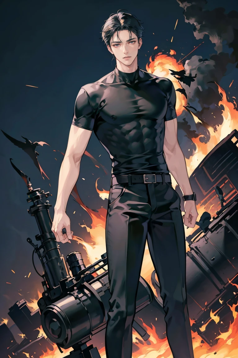 anime - (masterpiece), best quality, seductive eyes, mature face, black eyes, mid length slicked back black haircut, plain black t shirt, black pants, tall man, long legs, masculine, massive body, adult-like, full body, bad boy, the background is a burning and exploding city
