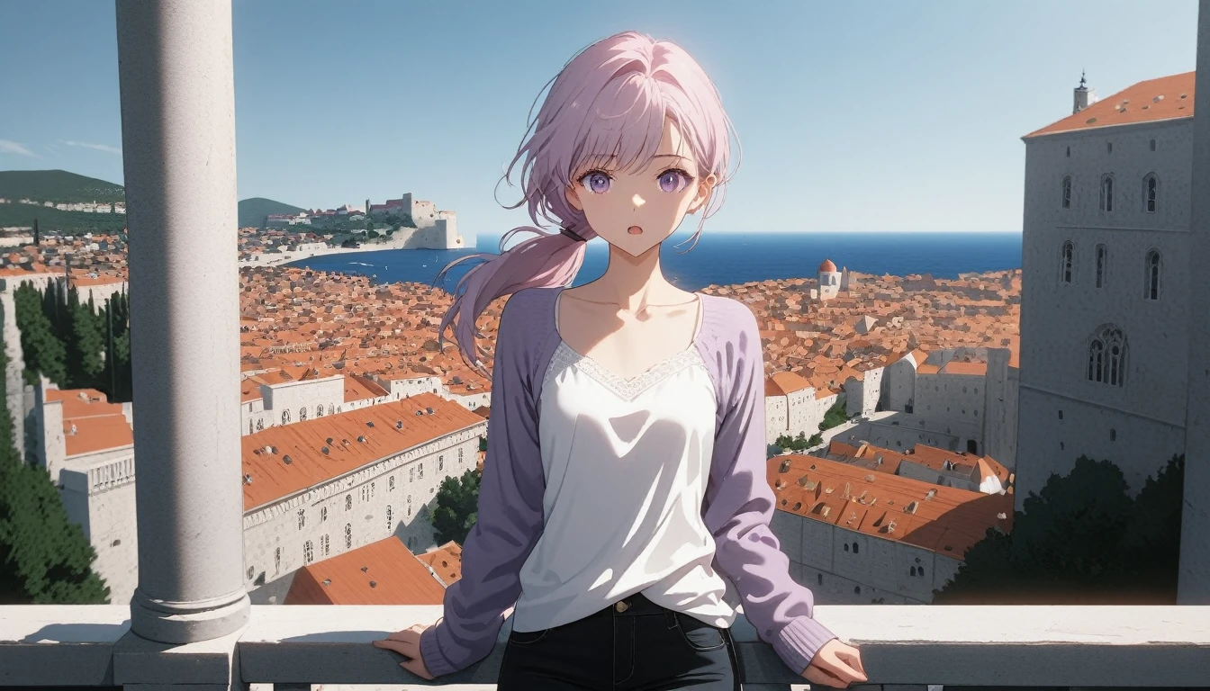 ((masterpiece)), ((Highest quality)), (anime:1.3), (Super Detail:1.2), (High resolution:1.3), (Professional photography:1.3), (Wide Shot), (so beautiful:1.2), (Absurd:1.2), (Sharp focus), (Perfect light), 8K, Glowing Skin, Cinema Lighting, One young woman, (Purple transparent cardigan),(White camisole as inner), (Black jeans), Toned arms, Small breasts, Shiny light purple hair in a low ponytail, (Purple eyes, Swept-apart bangs), (Pink hair in the eye)、stoic, Open your mouth, clavicle, Hair blowing in the wind, break, ((Highest quality)), (so beautiful:1.2), (Absurd:1.2), (leaning against a low, decorated balustrade), (Dubrovnik cityscape), Summer day, Beautiful Adriatic Sea,