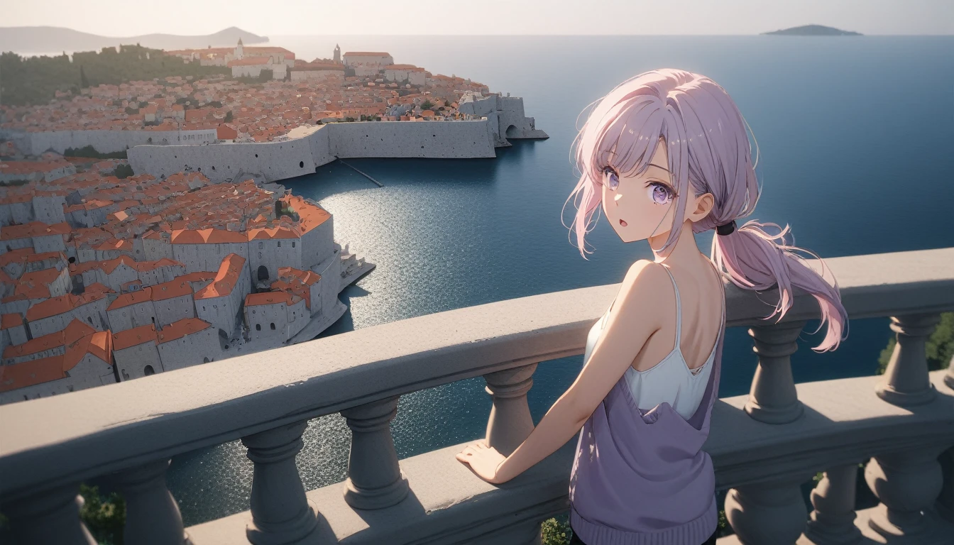 ((masterpiece)), ((Highest quality)), (anime:1.3), (Super Detail:1.2), (High resolution:1.3), (Professional photography:1.3), (Wide Shot), (so beautiful:1.2), (Absurd:1.2), (Sharp focus), (Perfect light), 8K, Glowing Skin, Cinema Lighting, One young woman, (Purple transparent cardigan),（White camisole as inner）, (Black jeans), Toned arms, Small breasts, Shiny light purple hair in a low ponytail, (Purple eyes, Swept-apart bangs), （Pink hair in the eye）、stoic, Open your mouth, clavicle, Hair blowing in the wind, break, ((Highest quality)), (so beautiful:1.2), (Absurd:1.2), (leaning against a low, decorated balustrade), (Dubrovnik cityscape), Summer day, Beautiful Adriatic Sea,
