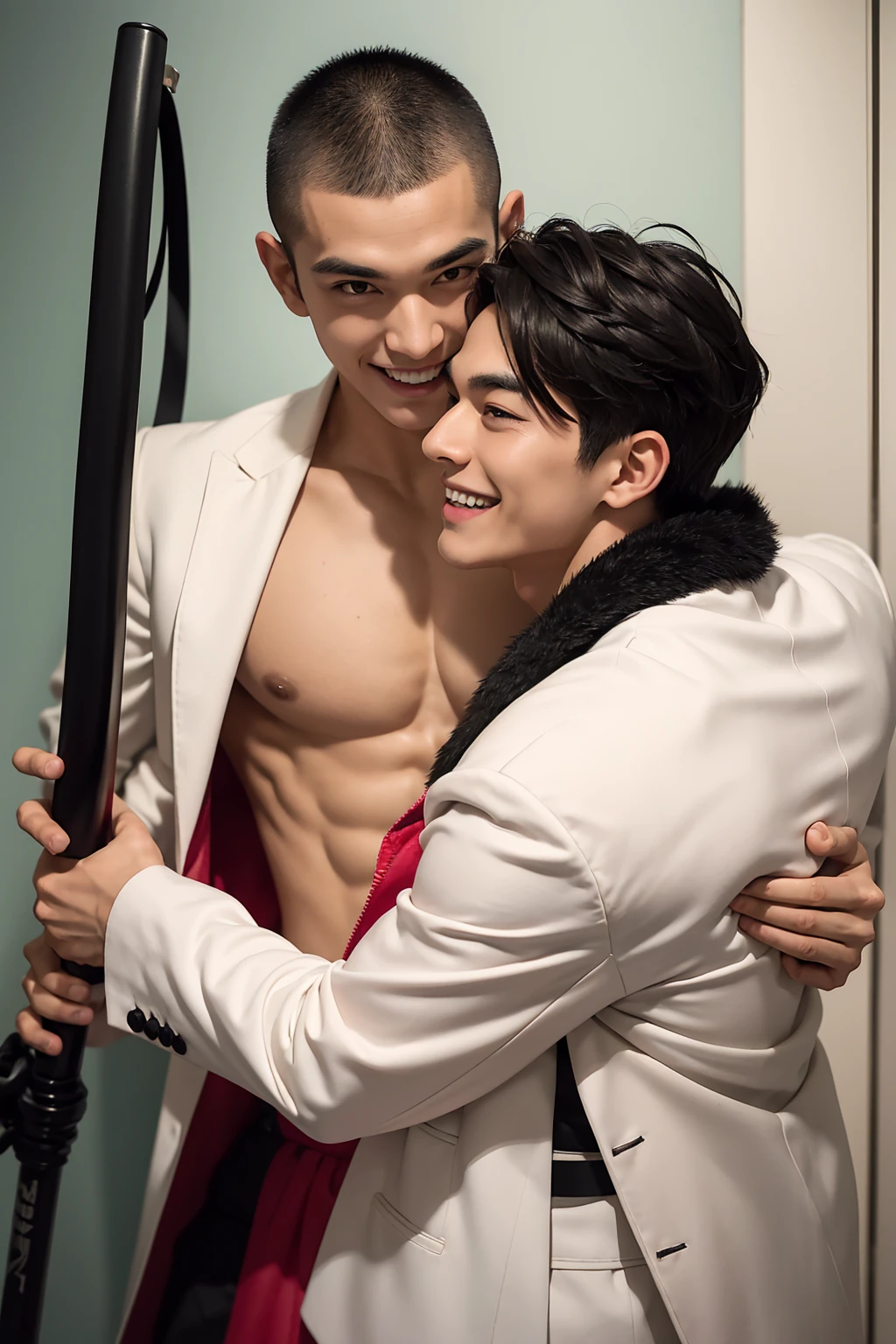 A man with black hair, pink highlights, black eyes, a handsome face, Full chest muscles, Buzz cut，Stylish short hair，a mischievous smile, eyebrow piercing, nose piercing, wearing a Spider-Man costume. Face looks like a Chinese man A little muscular sexy poses and hugged the neck of a tall man with white hair, red eyes, and a mischievous smile. Wear a white suit and have long hair. His face was handsome, tall, muscular, and smiling. He held a katana.