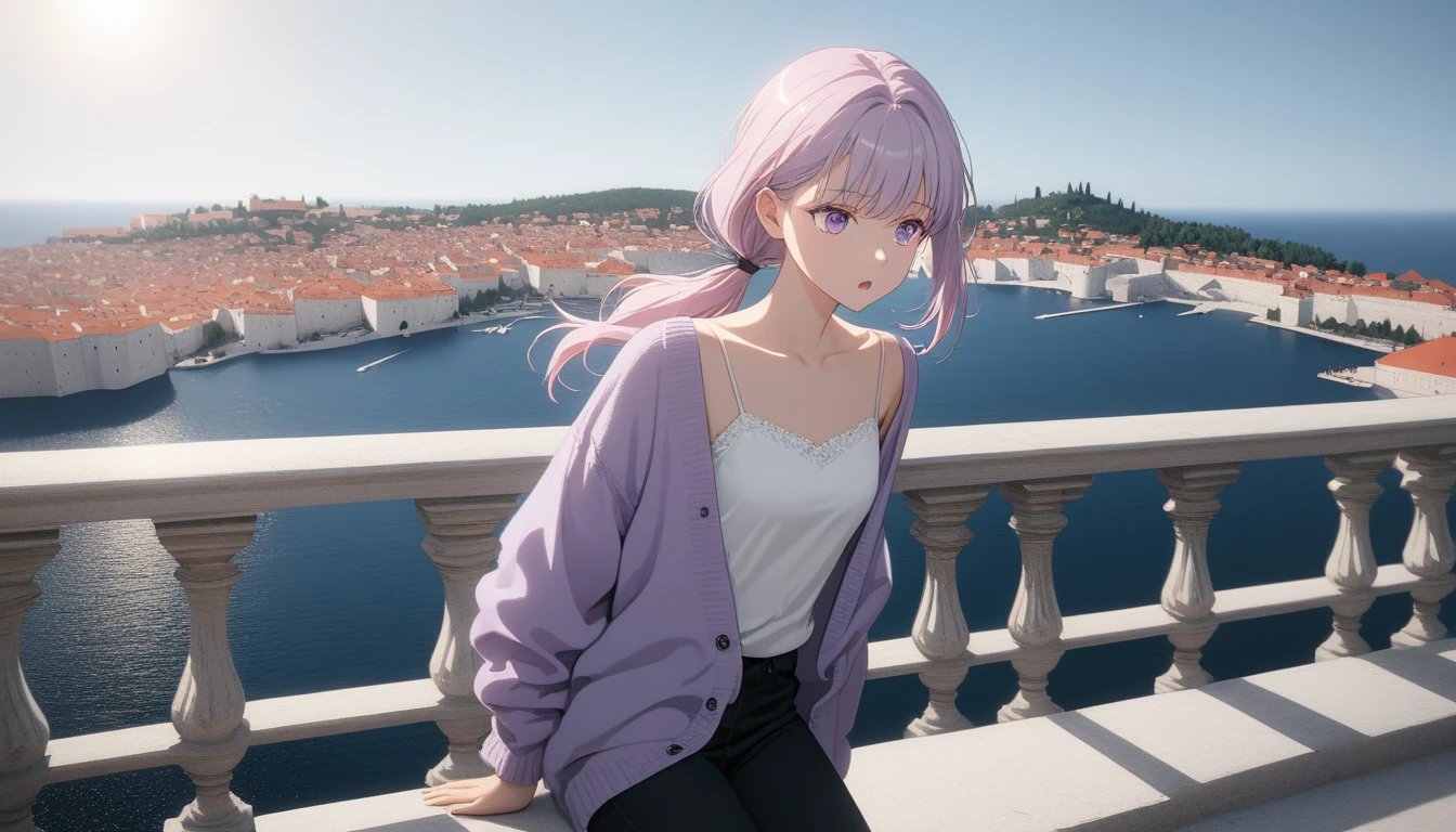 ((masterpiece)), ((Highest quality)), (anime:1.3), (Super Detail:1.2), (High resolution:1.3), (Professional photography:1.3), (Wide Shot), (so beautiful:1.2), (Absurd:1.2), (Sharp focus), (Perfect light), 8K, Glowing Skin, Cinema Lighting, One young woman, (Purple transparent cardigan),(White camisole as inner), (Black jeans), Toned arms, Small breasts, Shiny light purple hair in a low ponytail, (Purple eyes, Swept-apart bangs), (Pink hair in the eye)、stoic, Open your mouth, clavicle, Hair blowing in the wind, break, ((Highest quality)), (so beautiful:1.2), (Absurd:1.2), (leaning against a low, decorated balustrade), (Dubrovnik cityscape), Summer day, Beautiful Adriatic Sea,