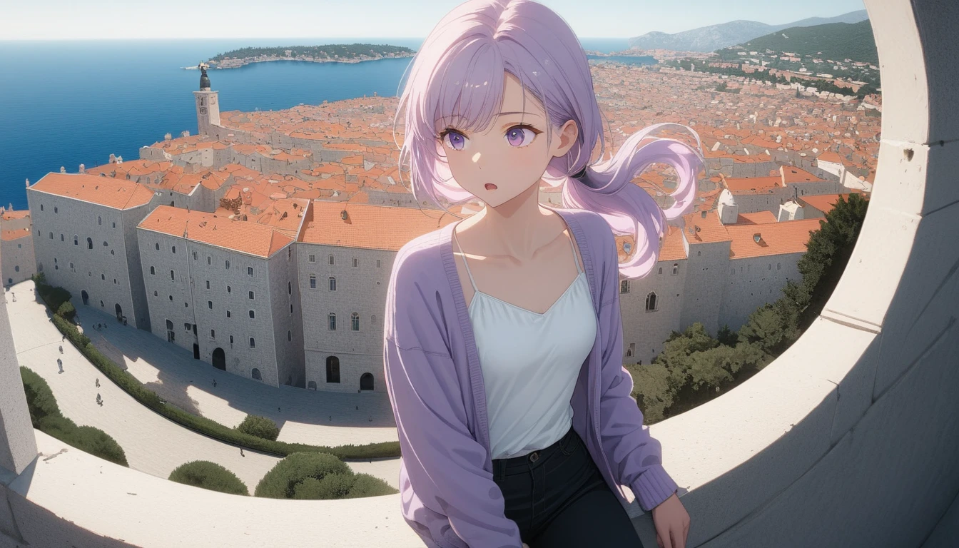((masterpiece)), ((Highest quality)), (anime:1.3), (Super Detail:1.2), (High resolution:1.3), (Professional photography:1.3), (Wide Shot), (so beautiful:1.2), (Absurd:1.2), (Sharp focus), (Perfect light), 8K, Glowing Skin, Cinema Lighting, One young woman, (Purple transparent cardigan),(White camisole as inner), (Black jeans), Toned arms, Small breasts, Shiny light purple hair in a low ponytail, (Purple eyes, Swept-apart bangs), (Pink hair in the eye)、stoic, Open your mouth, clavicle, Hair blowing in the wind, break, ((Highest quality)), (so beautiful:1.2), (Absurd:1.2), (leaning against a low, decorated balustrade), (Dubrovnik cityscape), Summer day, Beautiful Adriatic Sea,
