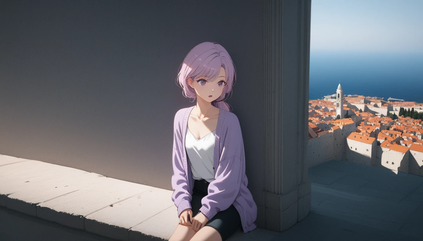 ((masterpiece)), ((Highest quality)), (anime:1.3), (Super Detail:1.2), (High resolution:1.3), (Professional photography:1.3), (Wide Shot), (so beautiful:1.2), (Absurd:1.2), (Sharp focus), (Perfect light), 8K, Glowing Skin, Cinema Lighting, One young woman, (Purple transparent cardigan),(White camisole as inner), (Black jeans), Toned arms, Small breasts, Shiny light purple hair in a low ponytail, (Purple eyes, Swept-apart bangs), (Pink hair in the eye)、stoic, Open your mouth, clavicle, Hair blowing in the wind, break, ((Highest quality)), (so beautiful:1.2), (Absurd:1.2), (leaning against a low, decorated balustrade), (Dubrovnik cityscape), Summer day, Beautiful Adriatic Sea,