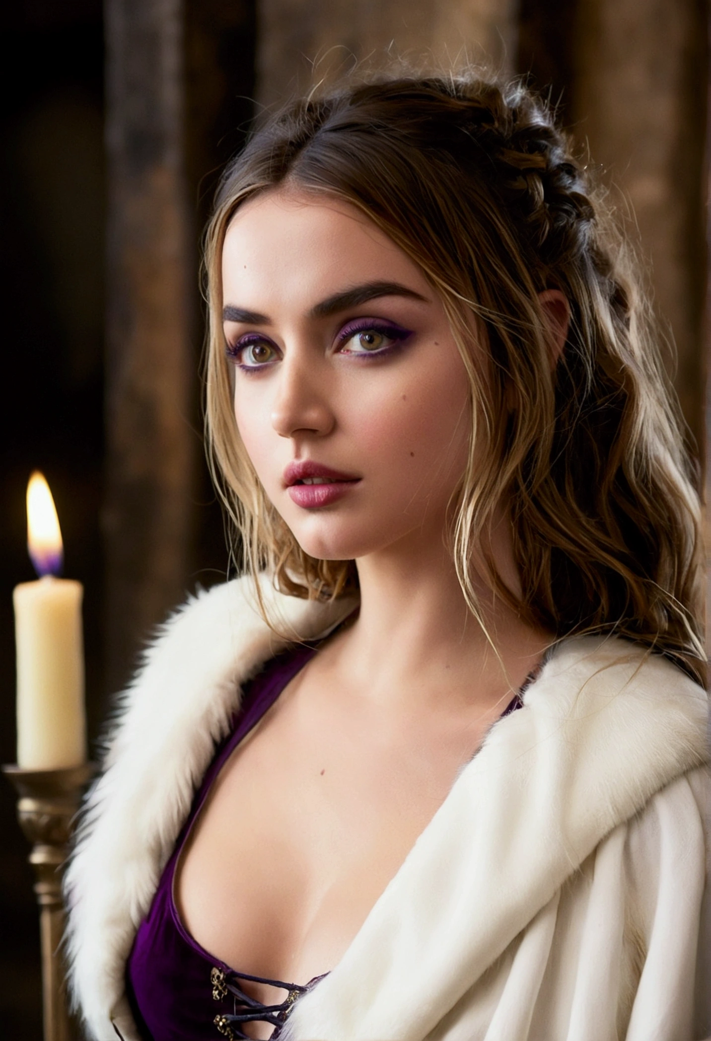 Ana de Armas, thesis clara, woman around 19 years old, ((natural white fur)), Distinctive purple eyes, using kohl, slim and elegant, beautiful, candlelight in a medieval setting, ultra sharp focus, realistic shot, women's medieval clothing, Tetradic colors, Perfect face, whole body, big breasts