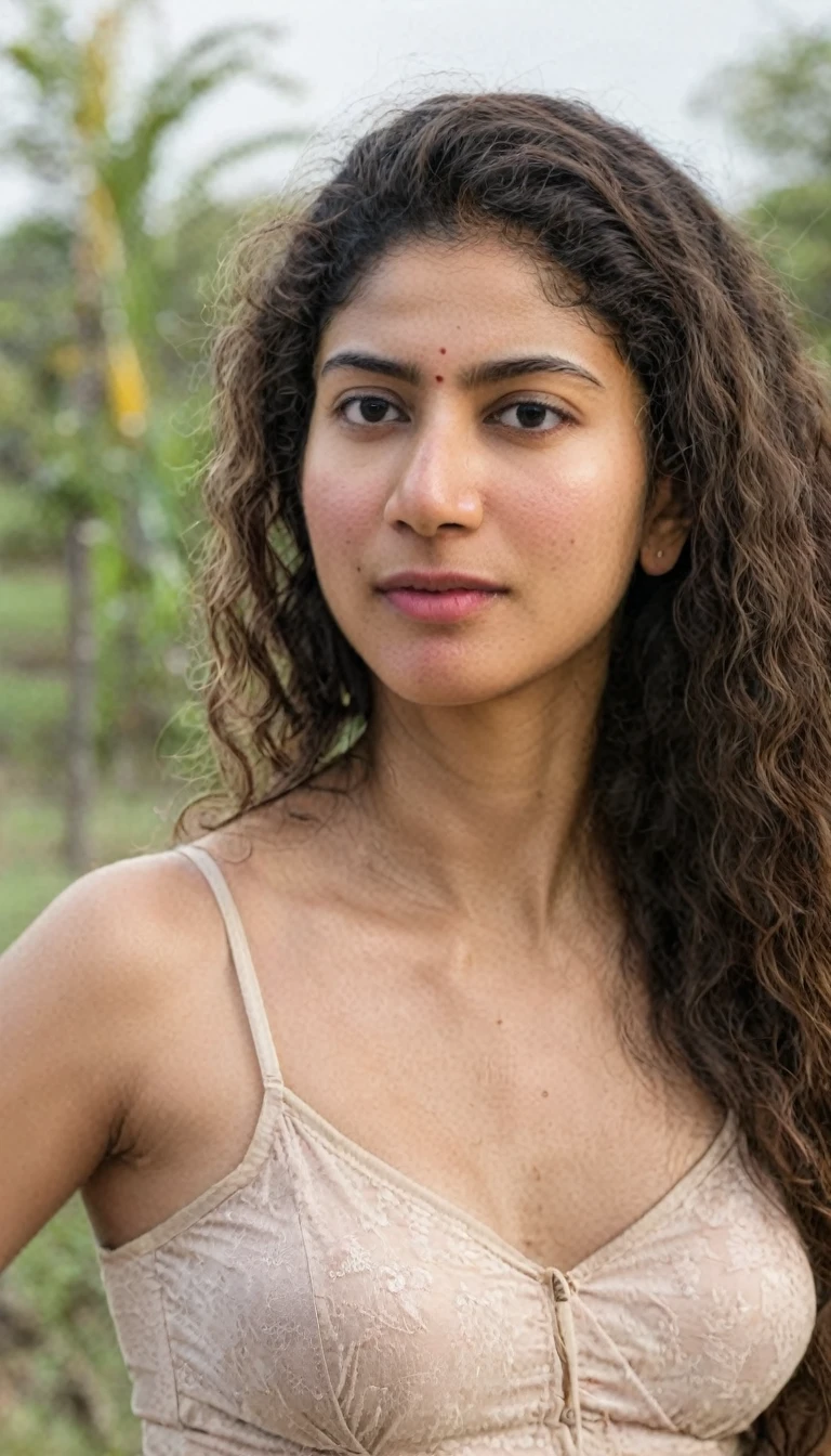 ultrarealistic hires close up photo of a 325-year-old sai pallavi woman, outdoors, realistic skin texture, looking looking at camera, free curly hair, in bef, in lingerie, realistic skin, taking selfie