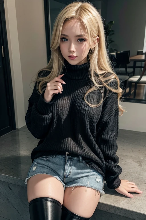 A blonde woman whit a black sweater, shorts jeans and black High thigh boots