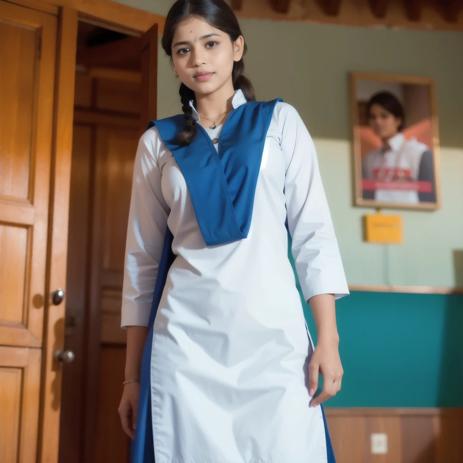 a beautiful young Indian school girl wearing a salwar kameez uniform, detailed face, beautiful eyes, delicate smile, sunlight filtering through the background, vibrant colors, cinematic lighting, highly detailed, photorealistic, 8k, (best quality,4k,8k,highres,masterpiece:1.2),ultra-detailed,(realistic,photorealistic,photo-realistic:1.37)