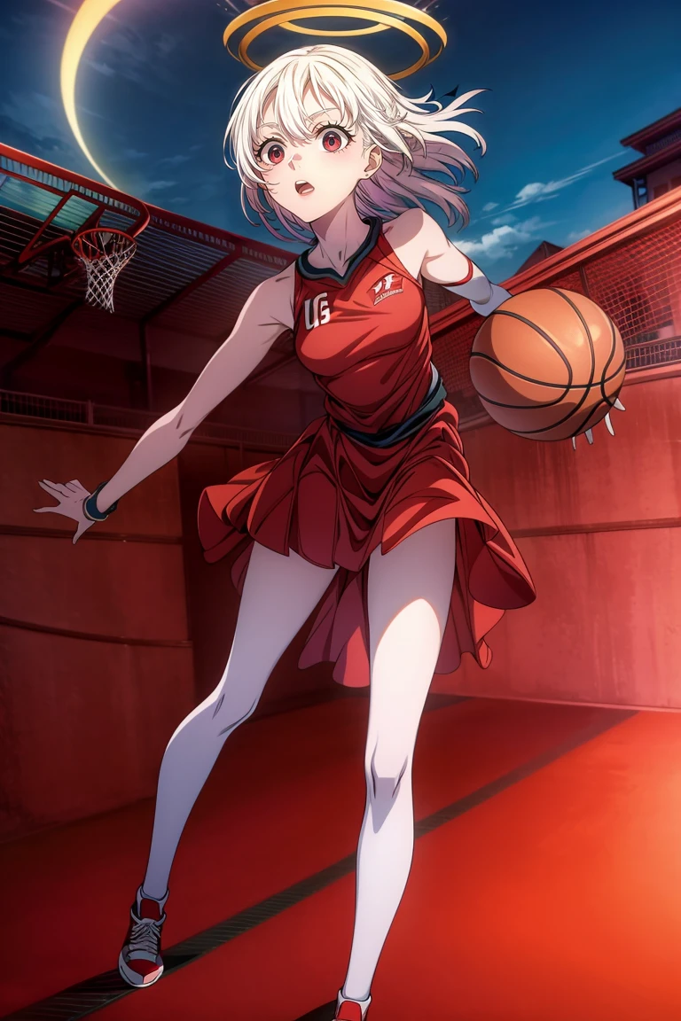 A creature taken from children's nightmares. dunking：2，fullbody，in motion，female body, shark teeth, bright halo on head, red eyes，basketball court：2